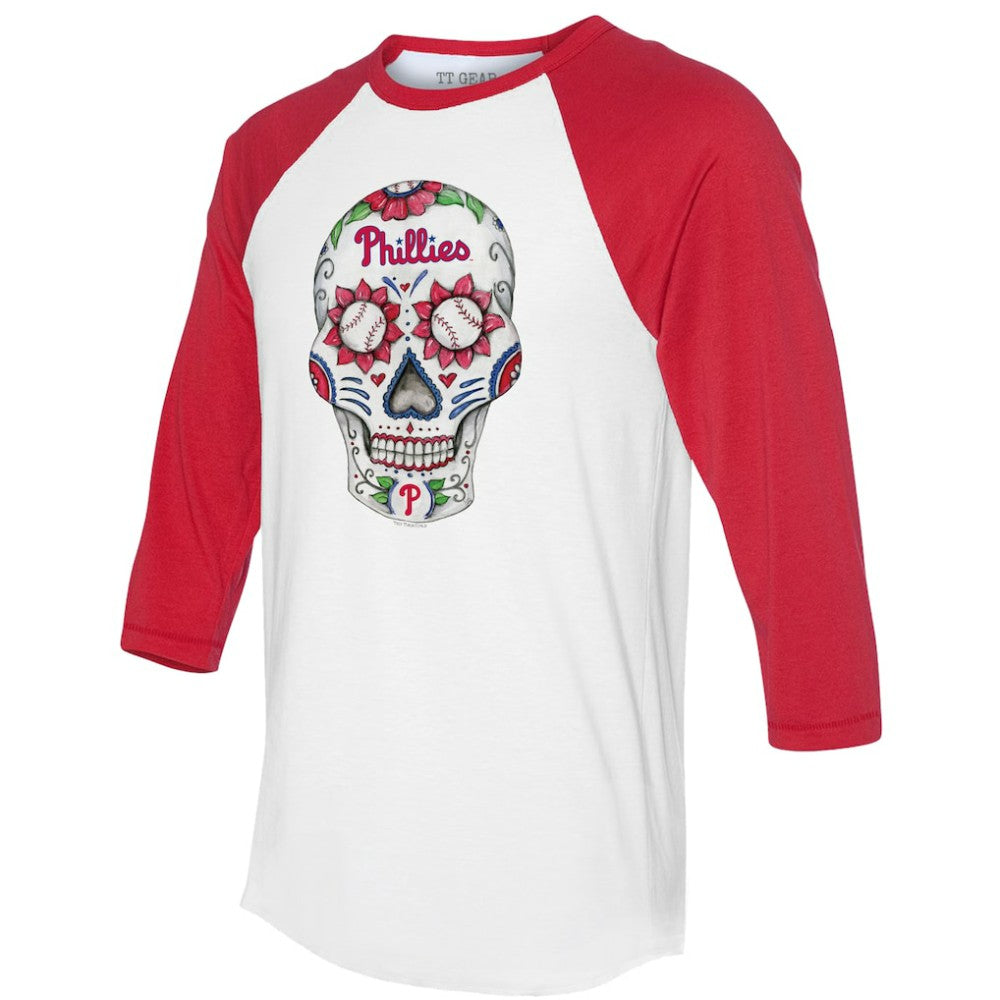 Philadelphia Phillies Tiny Turnip Unisex Sugar Skull 3/4-Sleeve Raglan T-Shirt - White/Red