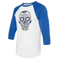 Texas Rangers Tiny Turnip Unisex Sugar Skull 3/4-Sleeve Raglan T-Shirt - White/Royal