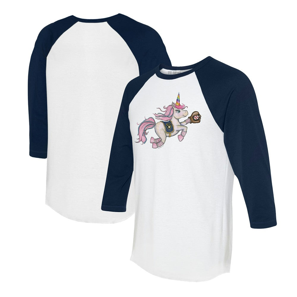 Milwaukee Brewers Tiny Turnip Unisex Unicorn 3/4-Sleeve Raglan T-Shirt - White/Navy