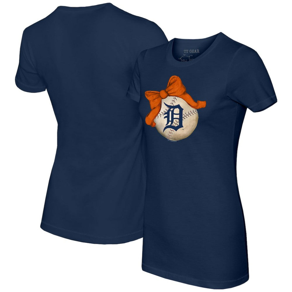 Detroit Tigers Tiny Turnip Women's Baseball Bow T-Shirt - Navy