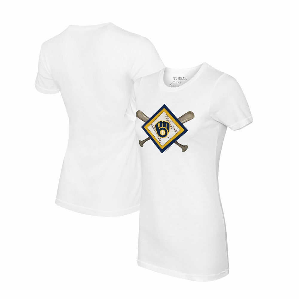 Milwaukee Brewers Tiny Turnip Women's Diamond Cross Bats T-Shirt - White