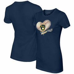 Milwaukee Brewers Tiny Turnip Women's Heart Banner T-Shirt - Navy