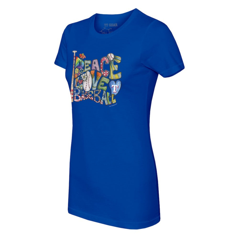 Texas Rangers Tiny Turnip Women's Peace Love Baseball Fitted T-Shirt - Royal