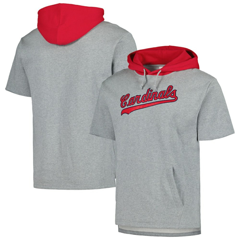 St. Louis Cardinals Postgame Short Sleeve Pullover Hoodie - Heather Gray | Mitchell & Ness