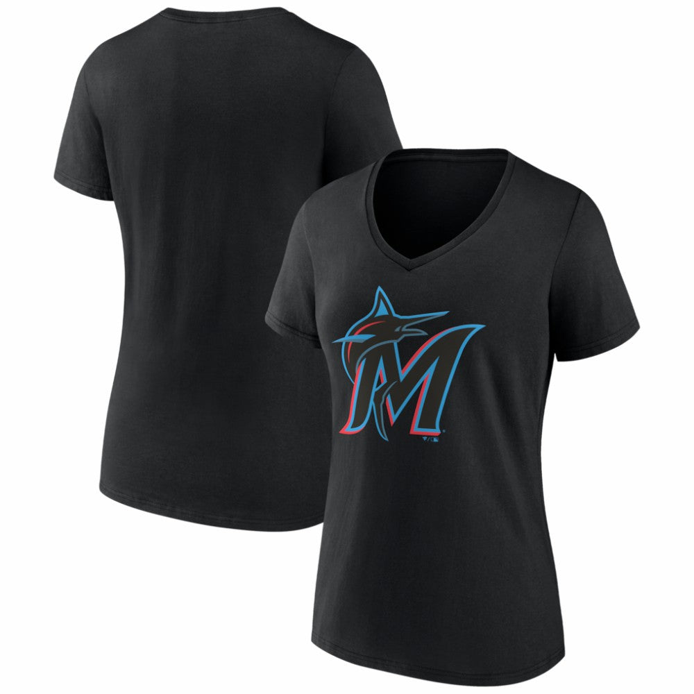 Miami Marlins Women's Logo V-Neck T-Shirt - Black