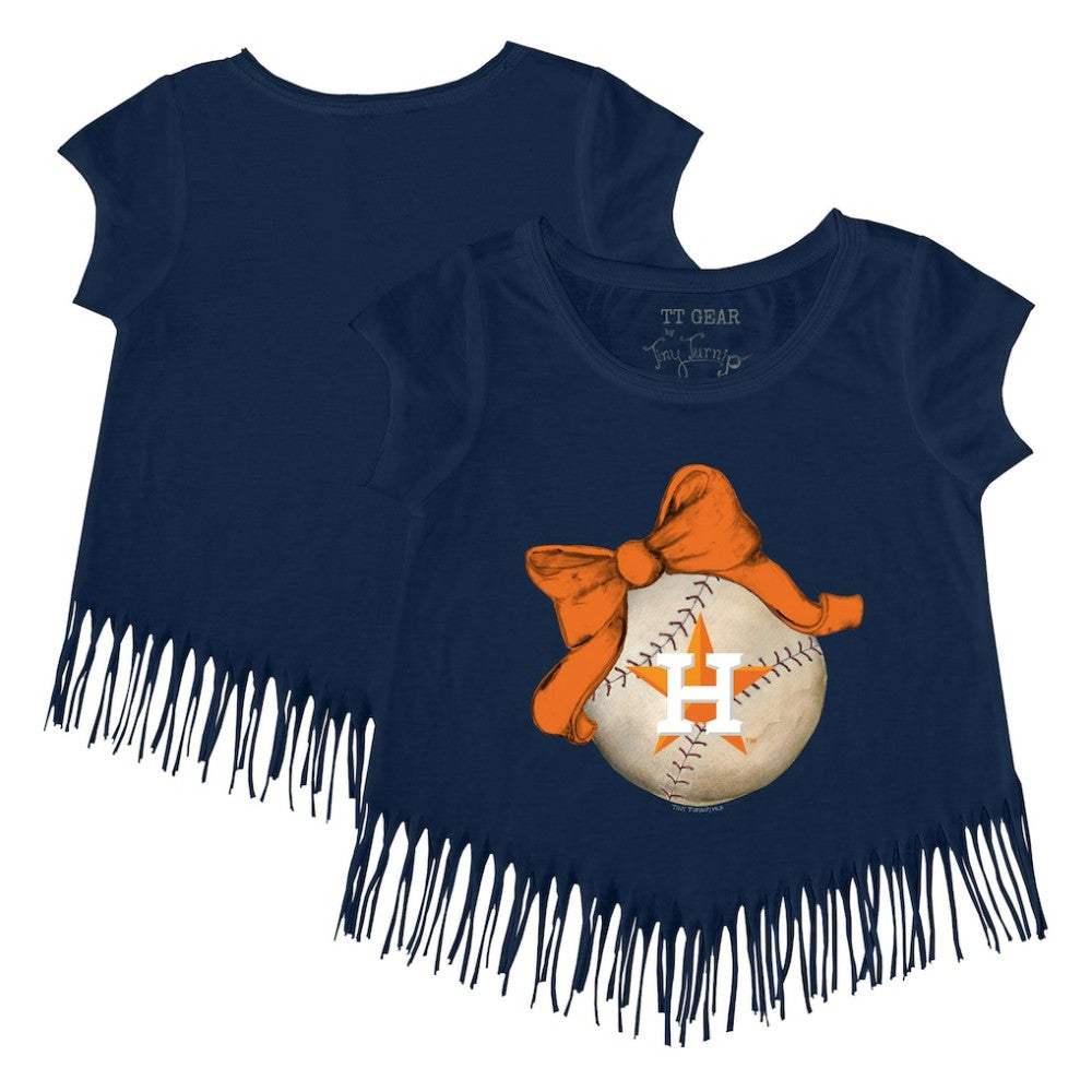 Houston Astros Tiny Turnip Girls Youth Baseball Bow Fringe T-Shirt - Navy