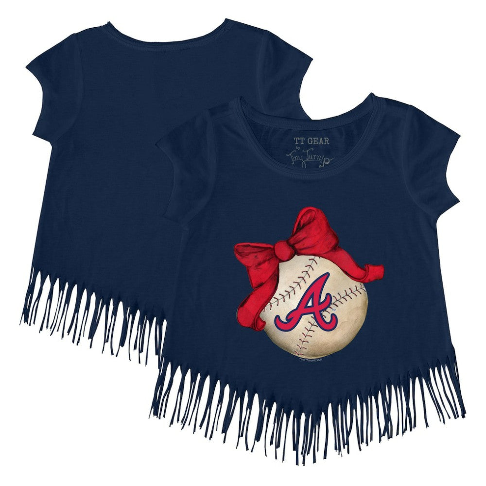 Atlanta Braves Tiny Turnip Girls Youth Baseball Bow Fringe T-Shirt - Navy