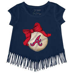 Atlanta Braves Tiny Turnip Girls Youth Baseball Bow Fringe T-Shirt - Navy