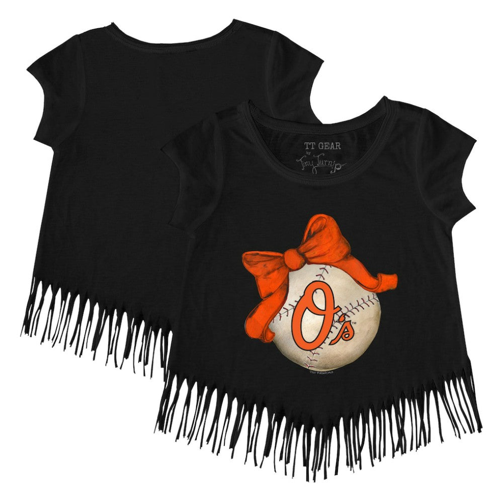 Baltimore Orioles Tiny Turnip Girls Youth Baseball Bow Fringe T-Shirt - Black