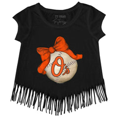 Baltimore Orioles Tiny Turnip Girls Youth Baseball Bow Fringe T-Shirt - Black