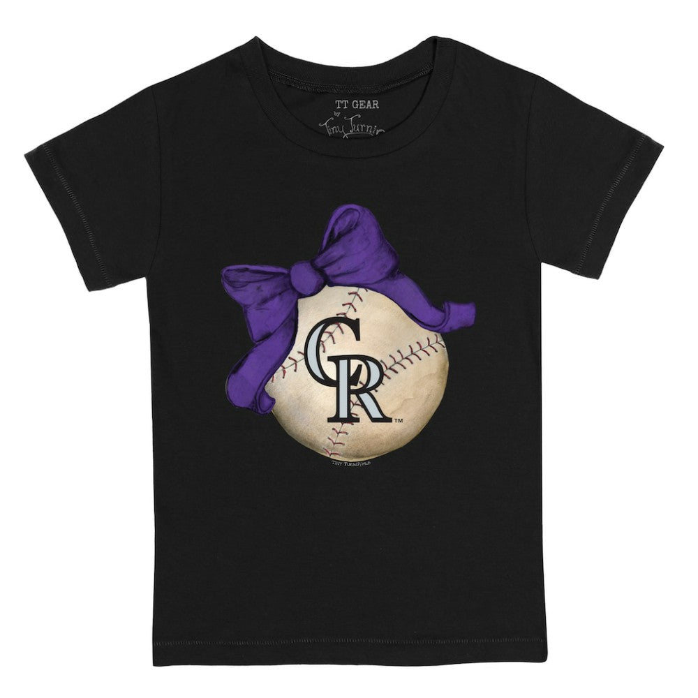 Colorado Rockies Tiny Turnip Youth Baseball Bow T-Shirt - Black