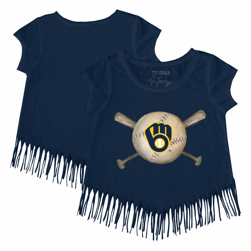 Milwaukee Brewers Tiny Turnip Girls Youth Baseball Cross Bats Fringe T-Shirt - Navy