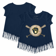 Milwaukee Brewers Tiny Turnip Girls Youth Baseball Cross Bats Fringe T-Shirt - Navy