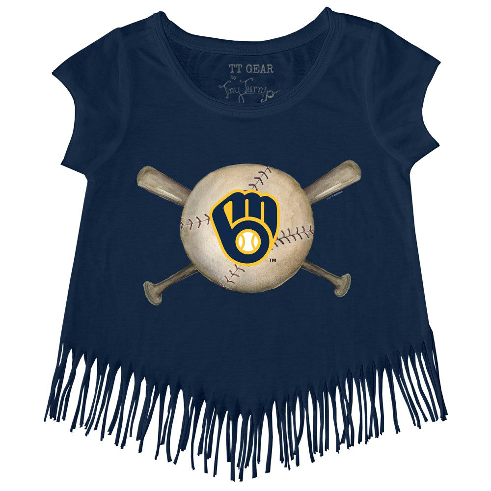 Milwaukee Brewers Tiny Turnip Girls Youth Baseball Cross Bats Fringe T-Shirt - Navy
