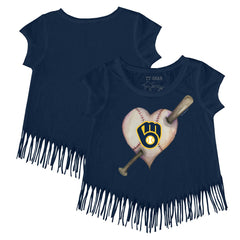 Milwaukee Brewers Tiny Turnip Girls Youth Heart Bat Fringe T-Shirt - Navy