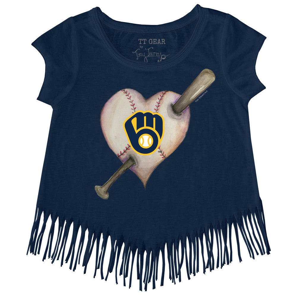Milwaukee Brewers Tiny Turnip Girls Youth Heart Bat Fringe T-Shirt - Navy
