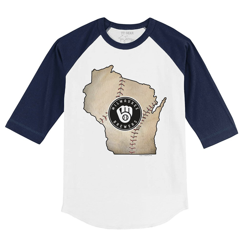 Milwaukee Brewers Tiny Turnip Youth State Outline 3/4-Sleeve Raglan T-Shirt - White/Navy