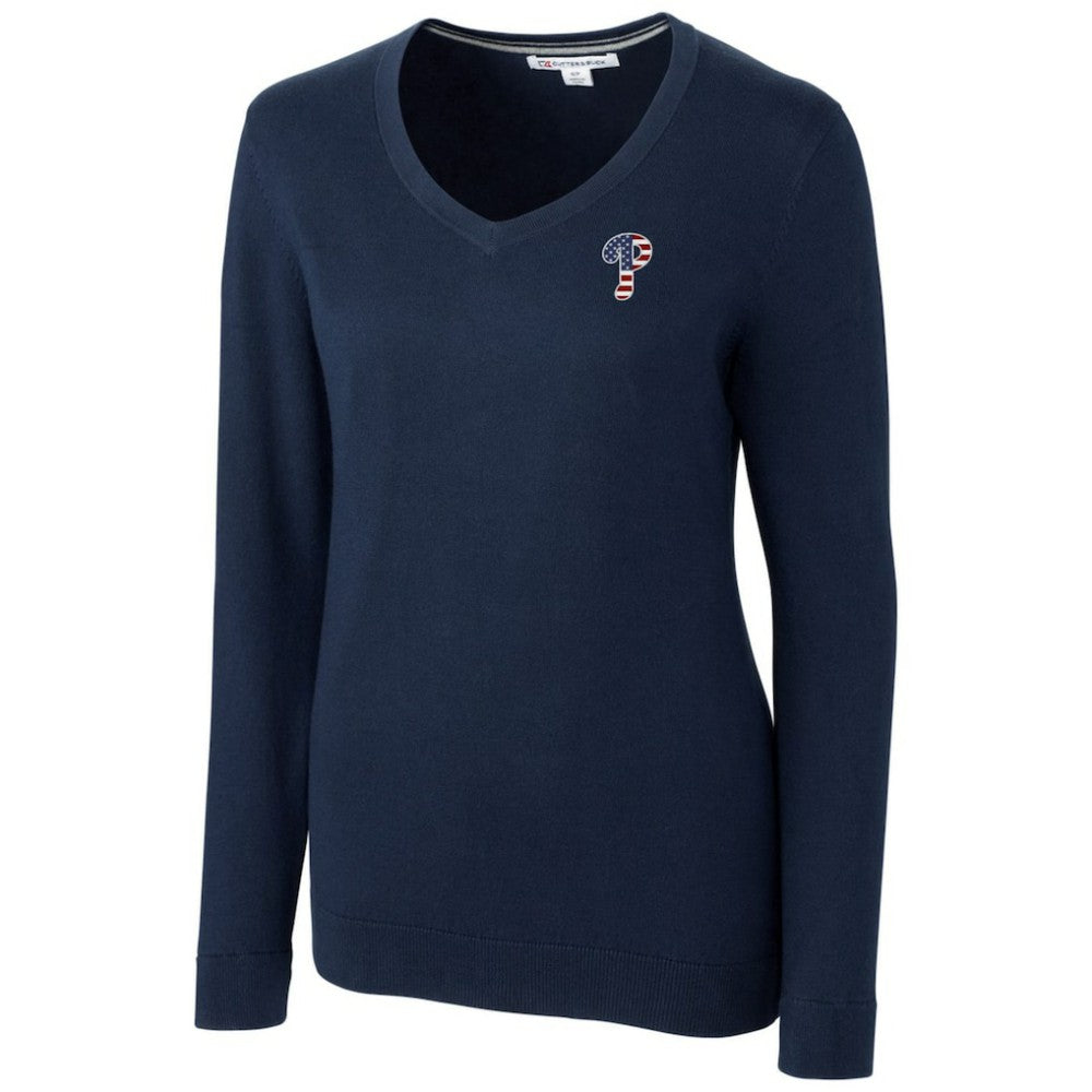Philadelphia Phillies Cutter & Buck Women's Americana Logo Lakemont Tri-Blend V-Neck Pullover Sweater - Navy