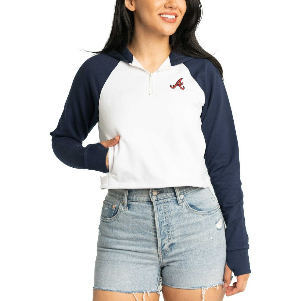 Atlanta Braves Lusso Women's Jane Raglan Quarter-Zip Tri-Blend Cropped Pullover Hoodie - White
