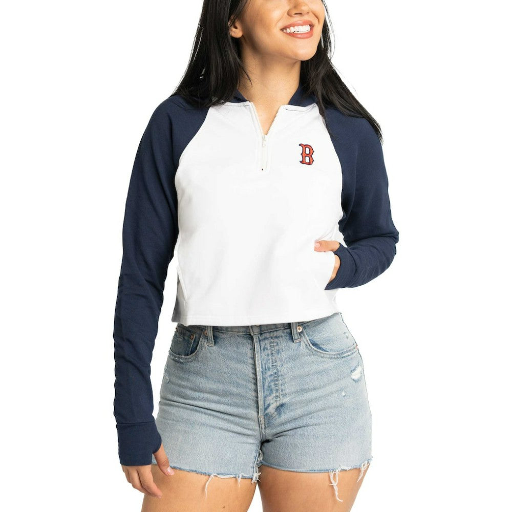 Boston Red Sox Lusso Women's Jane Raglan Quarter-Zip Tri-Blend Cropped Pullover Hoodie - White