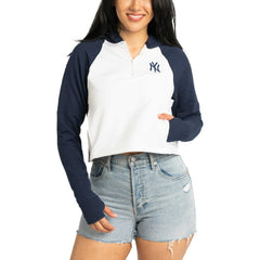 New York Yankees Lusso Women's Jane Raglan Quarter-Zip Tri-Blend Cropped Pullover Hoodie - White
